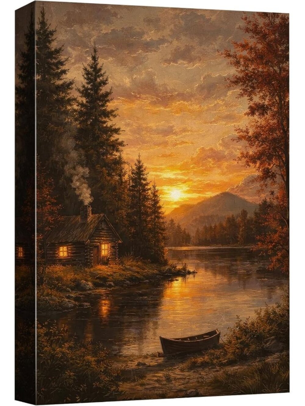 Cozy Lakeside Cabin Sunset Canvas Print Wall Art - Autumn Forest Reflection